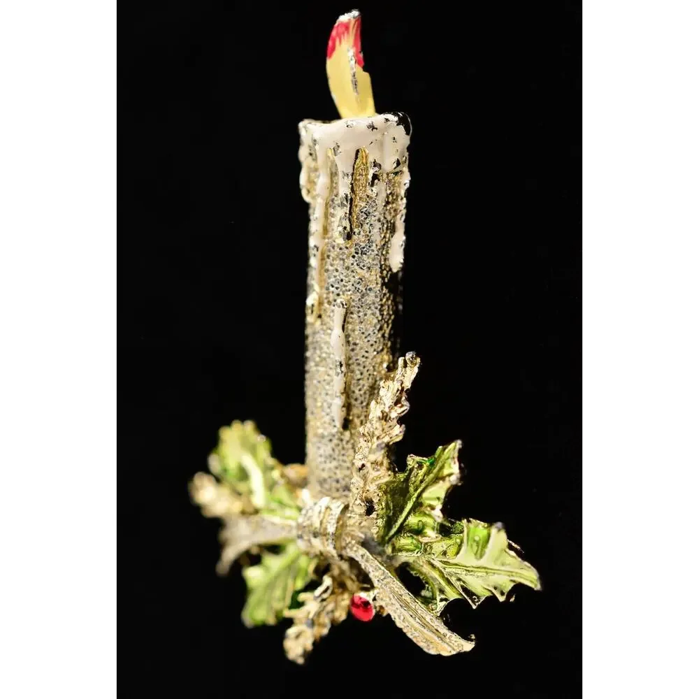 Gerry's Vintage Christmas Candle Pin Brooch Silver Red Green Enamel Signed 9B